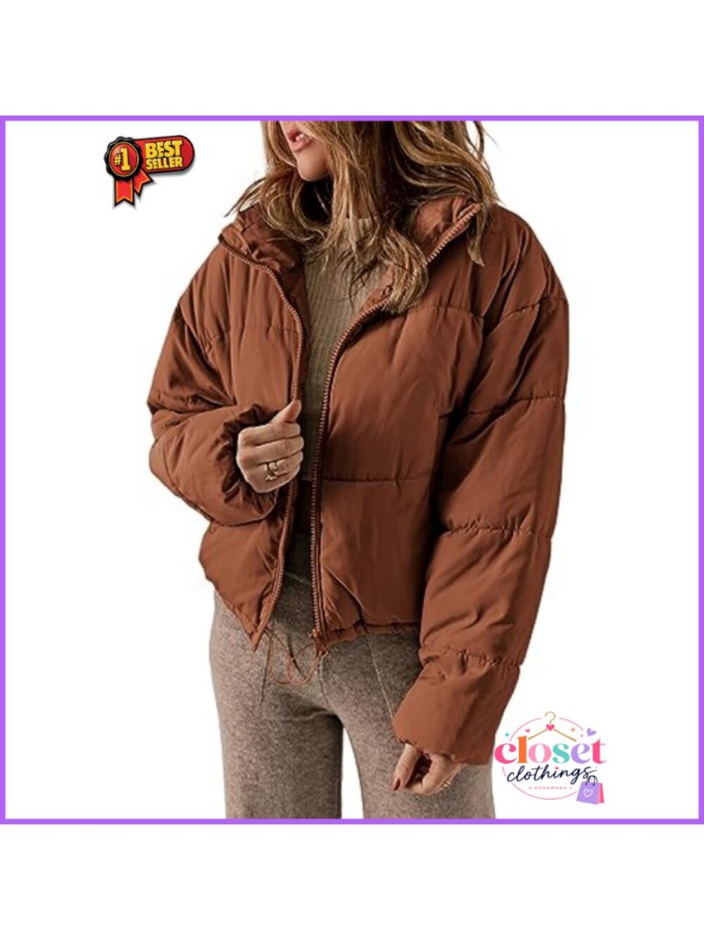 Womens Quilted Puffer Jacket Long Sleeve Full Zip Loose Fit Winter Coat